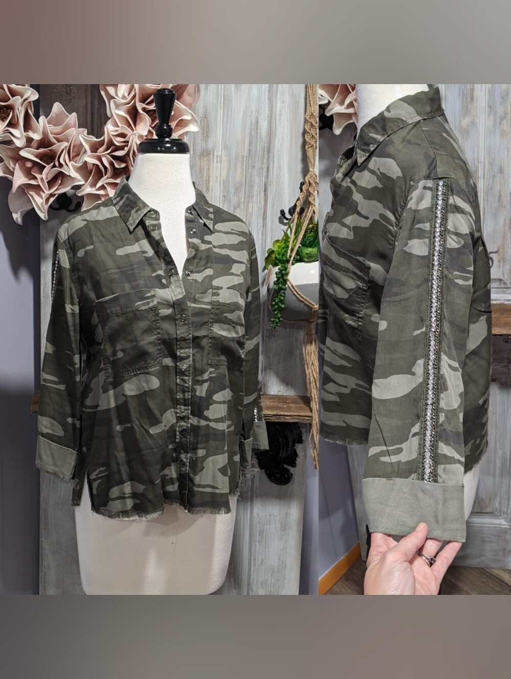 NWT Express Camo Button Down Shirt with Sparkle Trim Sleeves